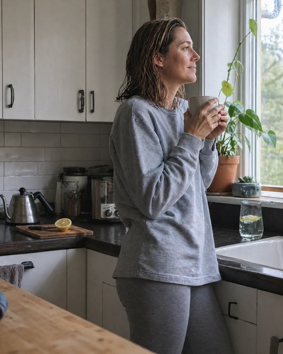Alex, 47, at the kitchen window with a morning mug